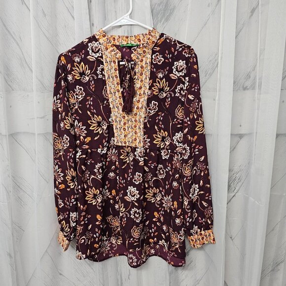 Dip Plum Orange Floral Boho Fairy Festival Peasant Blouse Size L - Picture 8 of 12